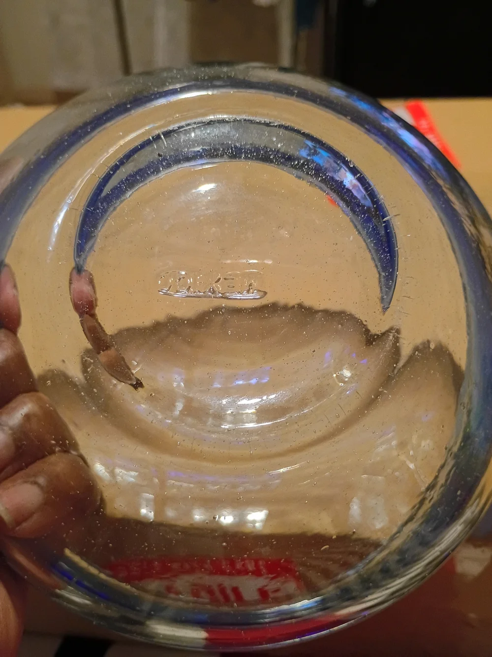 Hand Blown Mexican Glass Bowl Cobalt Blue Rim GUC
